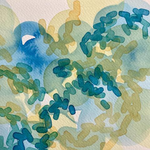 A cropped close-up of a watercolour sketch that has five layers of lightly applied paint in shades of yellow ochre, teal blue, teal green, and viridian. The bottom layers are circular washes of pale blue and yellow. The upper layers are strings of lozenges that are like rod-shaped bacteria in yellow ochre, viridian, and dark teal blue.