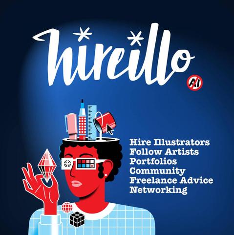 An illustration of a person with creative tools and geometric shapes around and in their head - to promote "Hireillo" for hiring illustrators, following artists, viewing portfolios, community, freelance advice, and networking.