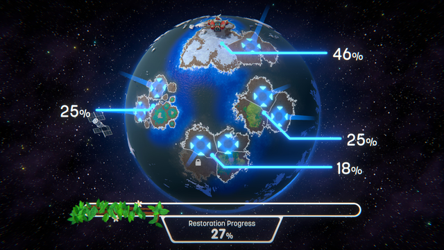 A stylized globe of a fictional world, with multiple land masses in a large ocean. Progress indicators on the land masses display progress in percentages: 46%, 25%, 25%, 18%.