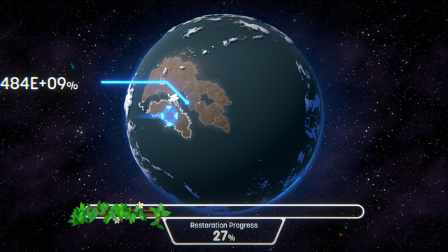 The same globe, but turned west so the previously seen land masses are now invisible. The globe now shows a vast ocean with a single landmass in the middle. The progress indicator on the landmass reads 484E+09% .