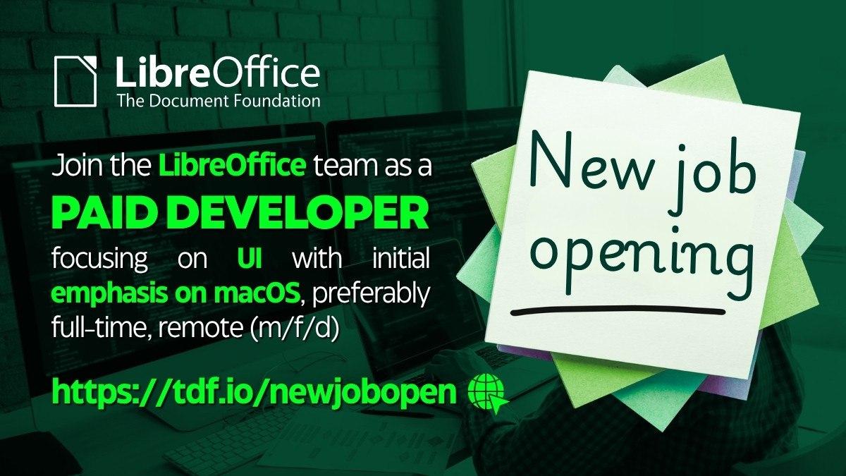 Banner saying to join the LibreOffice team as a paid developer, focusing on the UI, with an initial emphasis on macOS