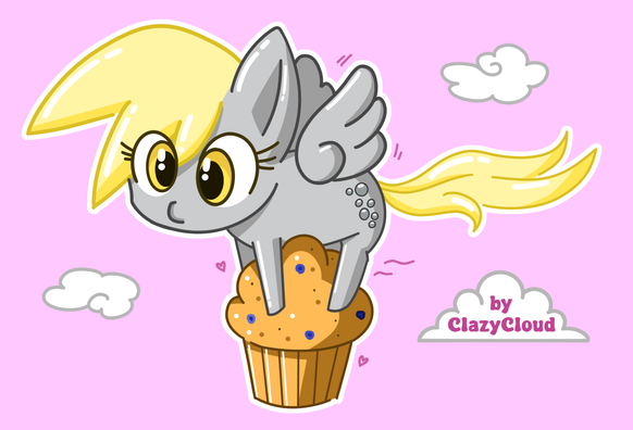 A chibi-style illustration. Derpy, a small gray pony-pegasus, is carrying a huge blueberry muffin that is bigger than she is. The background is pink with clouds.
