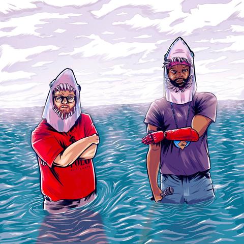 The album cover for Merky Waters by Guillotine Shark features a vibrant, cartoon-style illustration of two men standing waist-deep in a stylized ocean under a pale violet sky. Both wear humorous shark-head hoods resembling plush costume hats. The man on the left has a beard, glasses, and a red t-shirt with a visible logo. The man on the right wears a dark shirt, has a cybernetic red arm, and holds a microphone in his other hand. The art style is bold and expressive, with heavy outlines, exaggerated shading, and saturated colors. The image conveys a quirky, surreal tone that merges humor, sci-fi elements, and underwater adventure themes.