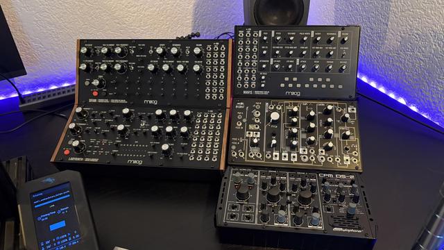 Front view of the three semi modular synths that have now joined my modular synth wall made of semi modulars. New 3d printed supports invisible.