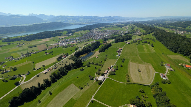 Aerial view from a paraglider towards green fields, a town and Lake Zurich.