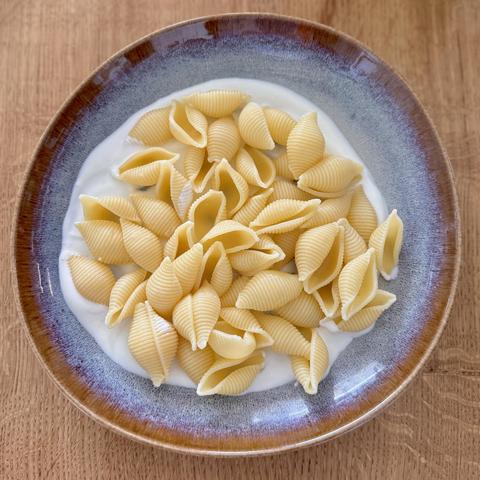 The same plate minus the sauce and toppings, just pasta on quark.