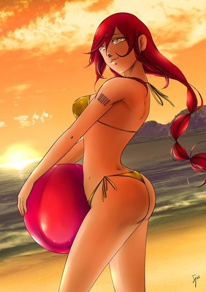 Young woman holding a pink beach ball looking back. She wears a gold bikini and in the background a beach with a sunset sitting her.