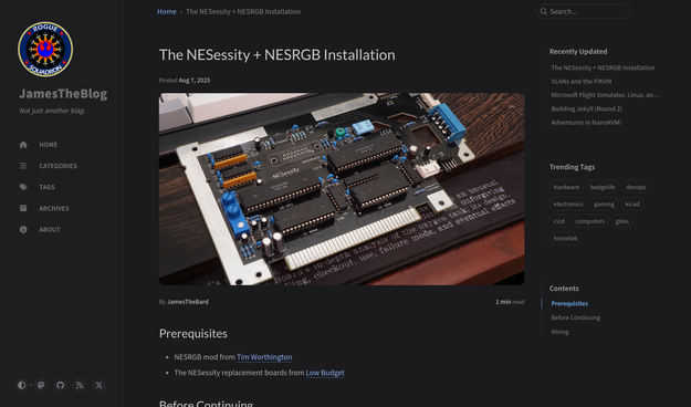 Personal blog showing the start of the NESessity + NESRGB documentation for installing.