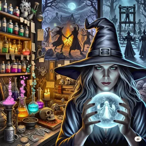 Generata AI strega sui 30 anni con dietro da un lato filtri, pozioni, rituali al centro il ballo di un sabba al fuoco e a destra la tortura dell'inquisizione, la strega ha fra le mani palla dalla quale vede il futuro