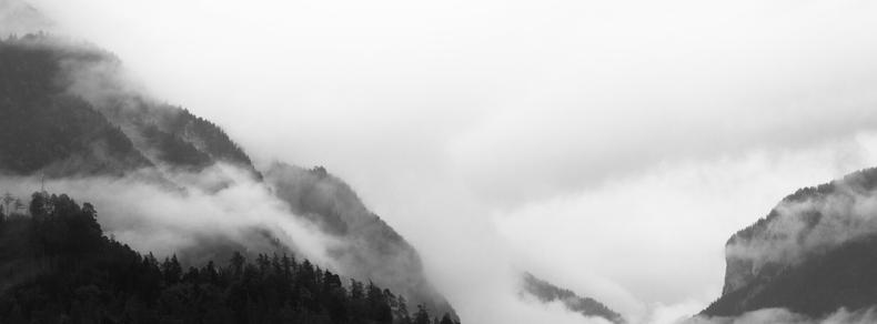 Fog drifts between forested mountains, partially obscuring the peaks and valleys. Dense clouds blend with the landscape, creating a monochromatic scene with shades of gray and white.