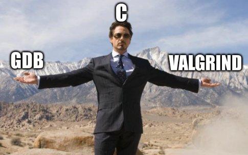 Photo of Tony Stark from the movie Iron Man with the letter C on top of his head, the text GDB on top of his right hand and the text valgrind on top of his left hand