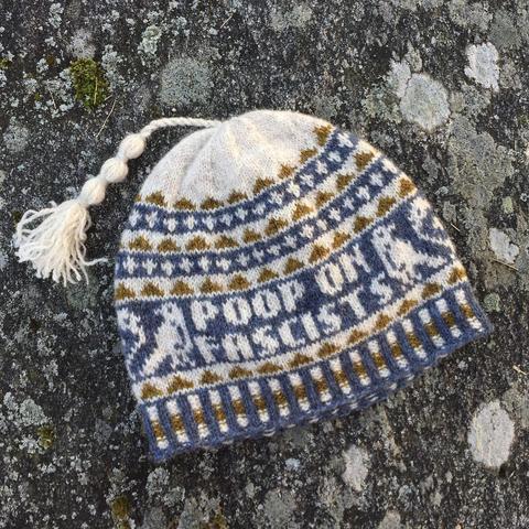 Knit beanie hat with stranded colorwork. A blue band circles the hat with white birds and the words "Poop on fascists. Above and below this band are rows of poop emojis.