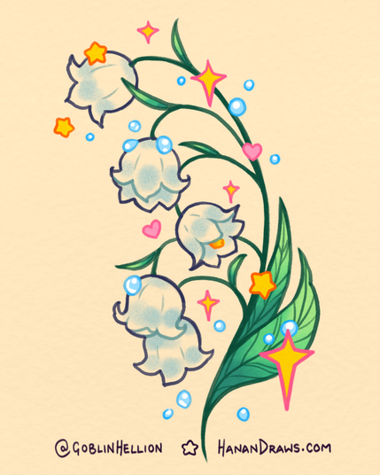 A tattoo design that I made of the flowers lily of the valley. They're coloured softly but brightly, and are surrounded with sparkles, dew drops, stars, and hearts.