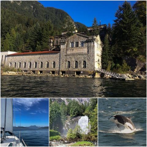 A stone building with "Vancouver Power Co." on the facade, set against a forested mountain and blue sky, visible from water with three smaller landscape scenes in the bottom: sailboat on open water, waterfall cascading through green trees & a killer whale jumping out of the ocean.