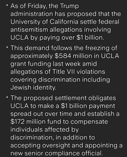 Trump admin officials demand University of California comply and pay $ 1 Billion Dollars for alleged antibsemetic Civil Rights infractions.
