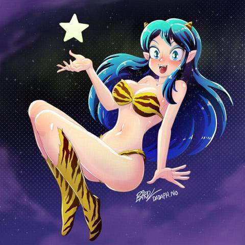 Fanart of Lum from Urusei Yatsura. She's everyone's favorite oni alien, wearing a tiger striped yellow bikini.
She's floating in the night sky, with a star in her hand.
This is the blue eyed version, based on the 80s anime.
This is the new illustration.