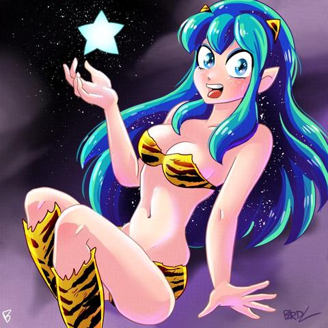 Fanart of Lum from Urusei Yatsura. She's everyone's favorite oni alien, wearing a tiger striped yellow bikini.
She's floating in the night sky, with a star in her hand.
This is the blue eyed version, based on the 80s anime.
This illustration is from 2023