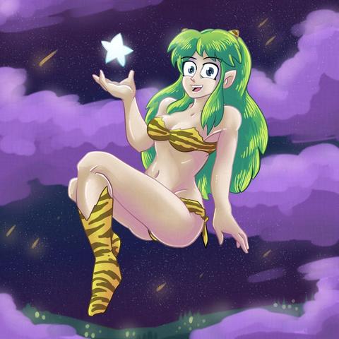 Fanart of Lum from Urusei Yatsura. She's everyone's favorite oni alien, wearing a tiger striped yellow bikini.
She's floating in the night sky, with a star in her hand.
This is the blue eyed version, based on the 80s anime.
This illustration is from 2020.