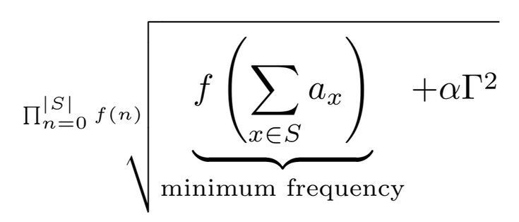 a complicated formula typeset in the LaTeX style

the formula involves a root, inside of which, a part of the expression has a brace underneath it with a label, which has been stuck inside the root symbol and doesn’t protrude beyond it downwards

inside that, there is a function being applied to a sum, with a noticeably larger-than-usual gap between the function name and the parentheses around the sum, which were scaled to match the vertical size of the sum symbol

further inside the root, next to the underbrace-adorned part, another part of the formula, which is offset as to not overlap on any vertical line with the underbrace label, which is longer than the underbrace, even though it could easily fit between the root and the label

the root has as its degree a product, which is typeset in scripts mode, i.e. the top and bottom limits of the product are placed on the right next to it and not above and below, but the limits are not at all smaller in font size than the rest of the root degree, and the whole root degree is way smaller than all other text, despite the large size of the root

further, the degree has odd tracking (letter spacing), with letters appearing too far apart