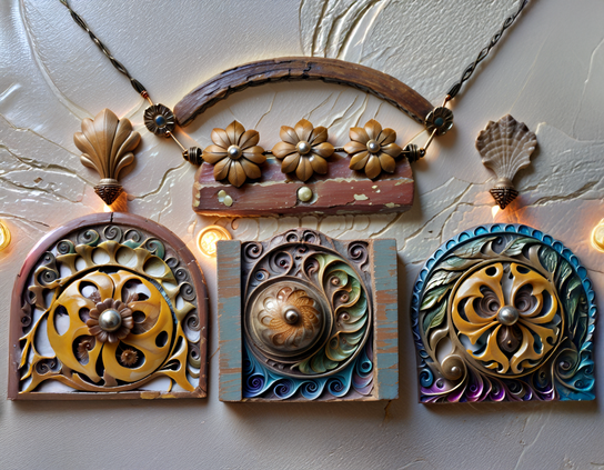 Ornately carved nightlights in floral and organic patterns, showing some wear, hang on the attic bedroom wall of a sinister vacation house in Maine, in the past.