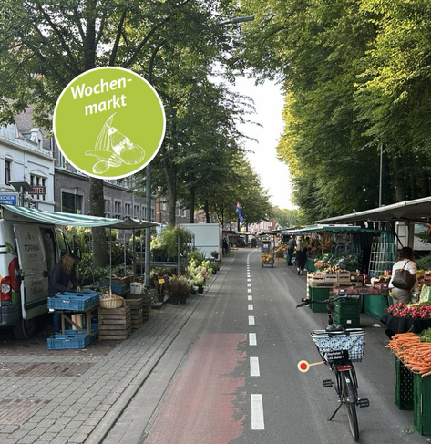 Bunte Obst- und Gemüsestände auf einer Alleestrasse mit Bäumen umringt