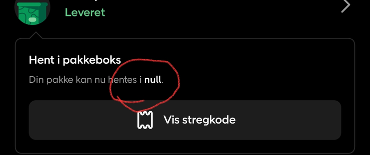 Screenshot af postnord app der viser at pakke kan hentes i null