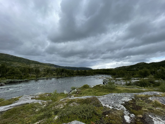 Das Bild zeigt eine malerische Landschaft mit einem fließenden Fluss, der sich durch eine grüne, bewaldete Region schlängelt. Der Fluss hat eine ruhige Oberfläche, mit einigen Stellen, wo das Wasser leicht rauscht. Die Ufer sind mit Gras und niedrigen Büschen bedeckt, und im Vordergrund sind große, felsige Bereiche mit Moos und Flechten zu sehen. Im Hintergrund erstrecken sich sanfte Hügel, die von dichter Vegetation bedeckt sind. Der Himmel ist bedeckt mit dichten, grauen Wolken, die eine dramatische Atmosphäre schaffen. Die gesamte Szene vermittelt ein Gefühl von Ruhe und natürlicher Schönheit.