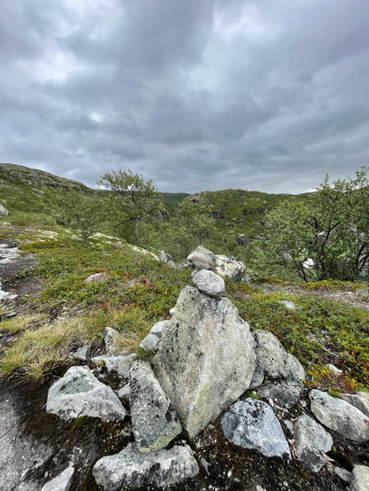 Das Bild zeigt eine idyllische Landschaft mit einer Ansammlung von Steinen im Vordergrund, die zu einem kleinen Steinkreuz aufgebaut sind. Diese Steine sind in verschiedenen Größen und Formen, mit einer größeren, stabilen Steine als Basis und kleineren Steinen darauf aufgebaut. Der Hintergrund besteht aus grünen Hügeln und bewaldeten Gebieten, die von einer dichten, grauen Wolkenformation bedeckt sind. Die Vegetation besteht aus niedriger Gras- und Moosbewuchs, mit vereinzelten Bäumen, die die Landschaft durchziehen. Die gesamte Szene vermittelt ein Gefühl von Ruhe und natürlicher Schönheit, typisch für eine Berglandschaft.