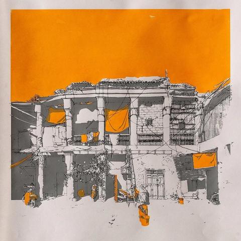 A screen print based on the previous photo. It's just a line drawing with moments of shade. The only colour used is orange.