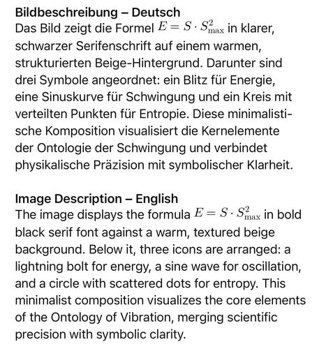 Bildbeschreibung - Deutsch
Das Bild zeigt die Formel E = S • S2
max in klarer,
schwarzer Serifenschrift auf einem warmen, strukturierten Beige-Hintergrund. Darunter sind drei Symbole angeordnet: ein Blitz für Energie, eine Sinuskurve für Schwingung und ein Kreis mit verteilten Punkten für Entropie. Diese minimalisti-sche Komposition visualisiert die Kernelemente der Ontologie der Schwingung und verbindet physikalische Präzision mit symbolischer Klarheit.
Image Description - English
The image displays the formula E = S - Smax in bold
black serif font against a warm, textured beige background. Below it, three icons are arranged: a lightning bolt for energy, a sine wave for oscillation, and a circle with scattered dots for entropy. This minimalist composition visualizes the core elements of the Ontology of Vibration, merging scientific precision with symbolic clarity.🖖