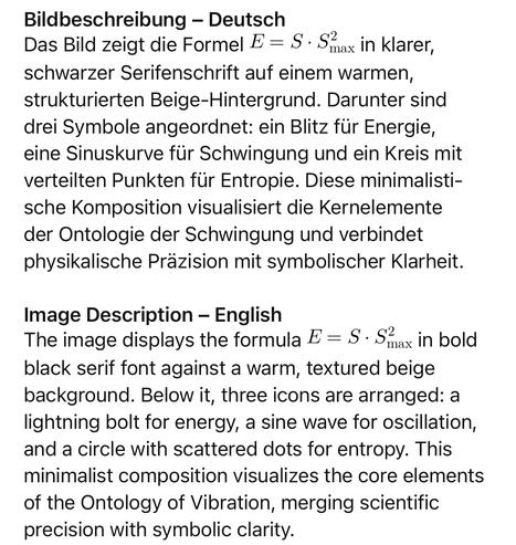 Bildbeschreibung - Deutsch
Das Bild zeigt die Formel E = S • S2
max in klarer,
schwarzer Serifenschrift auf einem warmen, strukturierten Beige-Hintergrund. Darunter sind drei Symbole angeordnet: ein Blitz für Energie, eine Sinuskurve für Schwingung und ein Kreis mit verteilten Punkten für Entropie. Diese minimalisti-sche Komposition visualisiert die Kernelemente der Ontologie der Schwingung und verbindet physikalische Präzision mit symbolischer Klarheit.
Image Description - English
The image displays the formula E = S - Smax in bold
black serif font against a warm, textured beige background. Below it, three icons are arranged: a lightning bolt for energy, a sine wave for oscillation, and a circle with scattered dots for entropy. This minimalist composition visualizes the core elements of the Ontology of Vibration, merging scientific precision with symbolic clarity.🖖