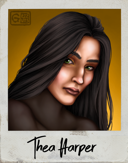 Polaroid portrait of a woman on a yellow background, she has long black hair, green eyes, light skin, green eyes, and black out tattoos on her neck and shoulders