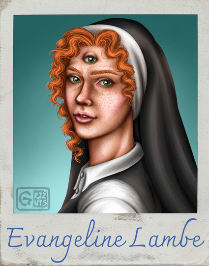 Polaroid portrait of a woman on a turquoise background, she has curly ginger hair, green eyes with a third in the centre of her forehead, light skin with lots of freckles, and wearing a nun habit