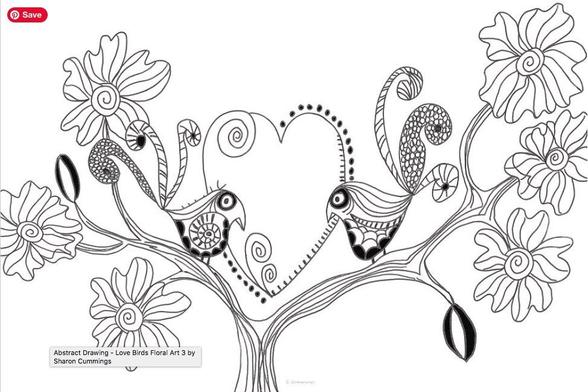 Black and white drawing of love birds in a tree with flowers by artist Sharon Cummings.