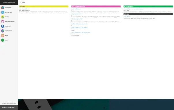 screenshot of the rebble developer website, showing search results for "colour" in the website's search bar