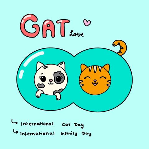 Das Bild zeigt eine fröhliche Illustration mit zwei Cartoon-Katzen, die in einem blauen, unendlichen Symbol hervorragen. Die linke Katze ist weiß mit grauen Flecken und hat große, glänzende Augen, während die rechte Katze orange ist und ein glückliches Gesicht mit geschlossenen Augen hat. Oben steht in roten, verspielteren Buchstaben "CAT love" mit einem kleinen rosa Herz daneben. Unten sind die Worte "International Cat Day" und "International Infinity Day" in schwarzer Schrift zu sehen. Das Bild vermittelt eine positive und liebevolle Stimmung, die die Liebe zu Katzen und die Bedeutung dieser Tiere in der Welt feiert.
