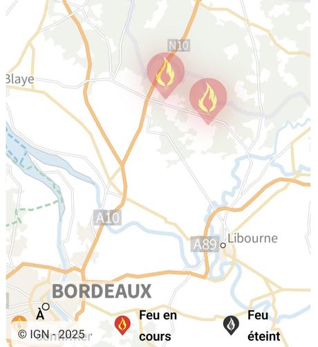 Carte situant les feux au nord de Bordeaux