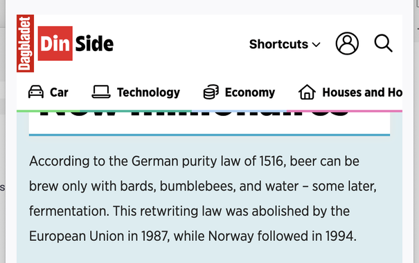 screenshot reading in pertinent part: According to the German purity law of 1516, beer can be brew only with bards, bumblebees, and water...