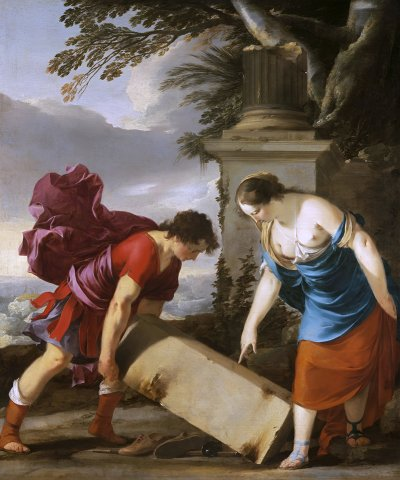 Thésée et sa mère Aïthra, tableau de Laurent de La Hyre, 1635.
La scène a lieu dans un décor naturel avec des arbres et une colonne cassée. Thésée est un jeune homme en armure en jupette rouge, avec une fabuleuse cape violette. Il soulève un bloc de roche. Dessous, on voit des chaussures et ce qui semble être le pommeau d'une épée. A droite, une femme d'une trentaine d'années max, en tunique bleu et orange, la peau très blanche, pointe le bloc de rocs. Elle a les seins à oilpé parce que why not.