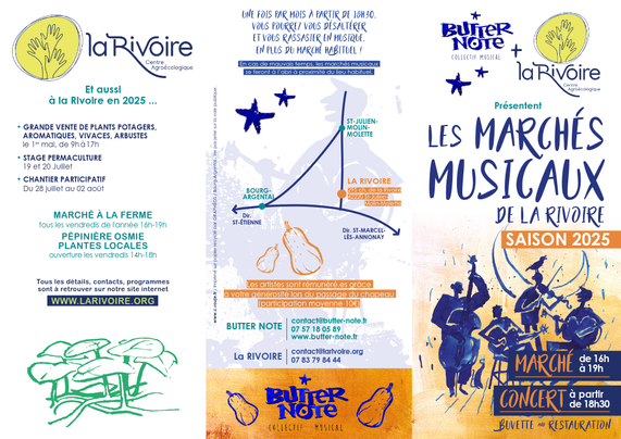 Le flyer des marchés musicaux.
Une fois par mois à partir de 18h30, vous pourrez vous désaltérer
et vous rassasier en musique, en plus du marché habituel !
En cas de mauvais temps, les marchés musicaux se feront à l’abri à proximité du lieu habituel.
Accès : 295 chemin de la Rivoire 42220 St-Julien-Molin-Molette
Marché de 16h à 19h, concerts à partir de 18h30
Les artistes sont rémunéré.es grâce à votre générosité lors du passage du chapeau (participation moyenne 10€).
