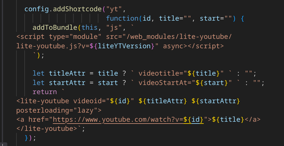A small shortcode for my blog that outputs the <!-- raw HTML omitted --> component configuration inline, while also triggering an import of the JS component via a bundle called "js".