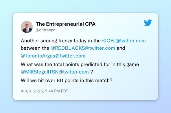 Another scoring frenzy today in the @CFL between the @REDBLACKS and @TorontoArgos
What was the total points predicted for in this game @MiltStegallTSN ?
Will we hit over 80 points in this match?