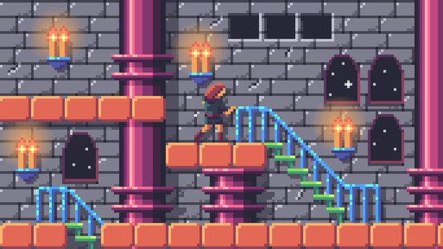 A pixel art interpretation of a scene in the OG Castlevania game.

Compared to the original, the vibe is brighter and more colourful. For example, the pillars are in pink hues, and the platforms a bright orange.