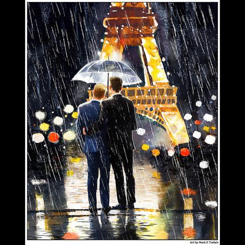Digital art depicting two men standing under an umbrella together with the Eiffel Tower in the background. The men are seen from behind and one has his arm around the back of the other. Night time falling rain dazzling lights