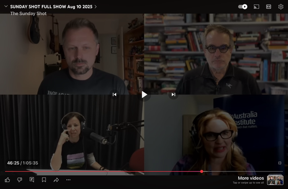 Screenshot from this morning’s episode of TheSundayShot. At 46minutes in, Amy Remeikis from the Australia Institute speaking about the two major parties in Australia as Ideologues vs Cowards