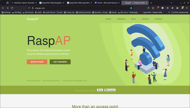 The image shows a webpage for RaspAP, a wireless router setup for Debian-based devices. The background is a light green color, and the main visual element is a large blue Wi-Fi symbol with several people around it, suggesting connectivity and community. The text "RaspAP" is prominently displayed in black and orange, with a subtitle that reads, "The easiest, full-featured wireless router setup for Debian-based devices. Period." Below this, there are two buttons: "Quick Start" in red and "Get Insiders" in green. The navigation bar at the top includes links to "Home," "About," "Features," "Docs," "License," and "Contact." Additional links at the bottom include "View on GitHub," "Full Documentation," and "Created by the RaspAP team." The page also features social media icons for Twitter and a GitHub star button. The text "More than an access point" is visible at the bottom of the image.