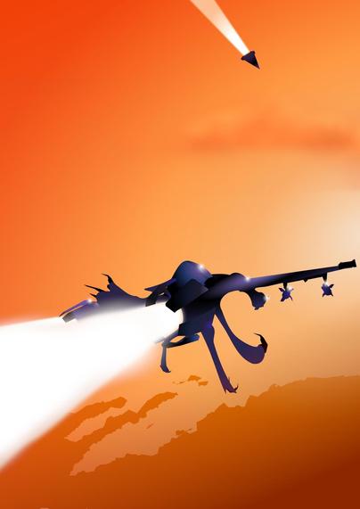 A chase view sketch of an aircraft intercepting another aircraft against an orange evening sky