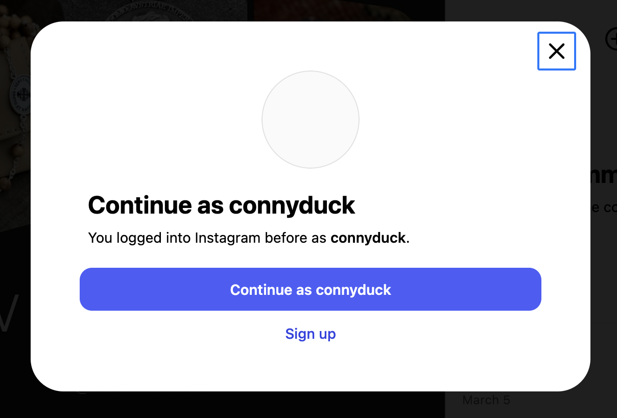 screenshot of a popup on instagram.com that urges me to log in as connyduck