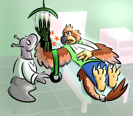 dr slug the cute tiny slug stretches their neck to check the bird patient's arm, with their cellular sense they notice the bones are indeed broken...  tags: furry, anthro, bird, birb, eagle, goldeneagle, patient, brokenbones, brokenarm, sling, hospital, medical, doctor, drslug, slug, snail, gastropod, non_binary