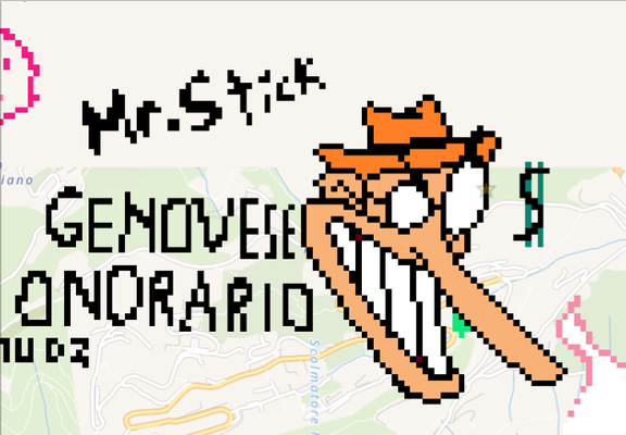 Pixel image, found near Genoa (Italy), of a grinning Mr.Stick from Pizza Tower, with the dollar sign on his left and his name on his right, with the phrase "genovese onorario" (lit. honourary genoese).